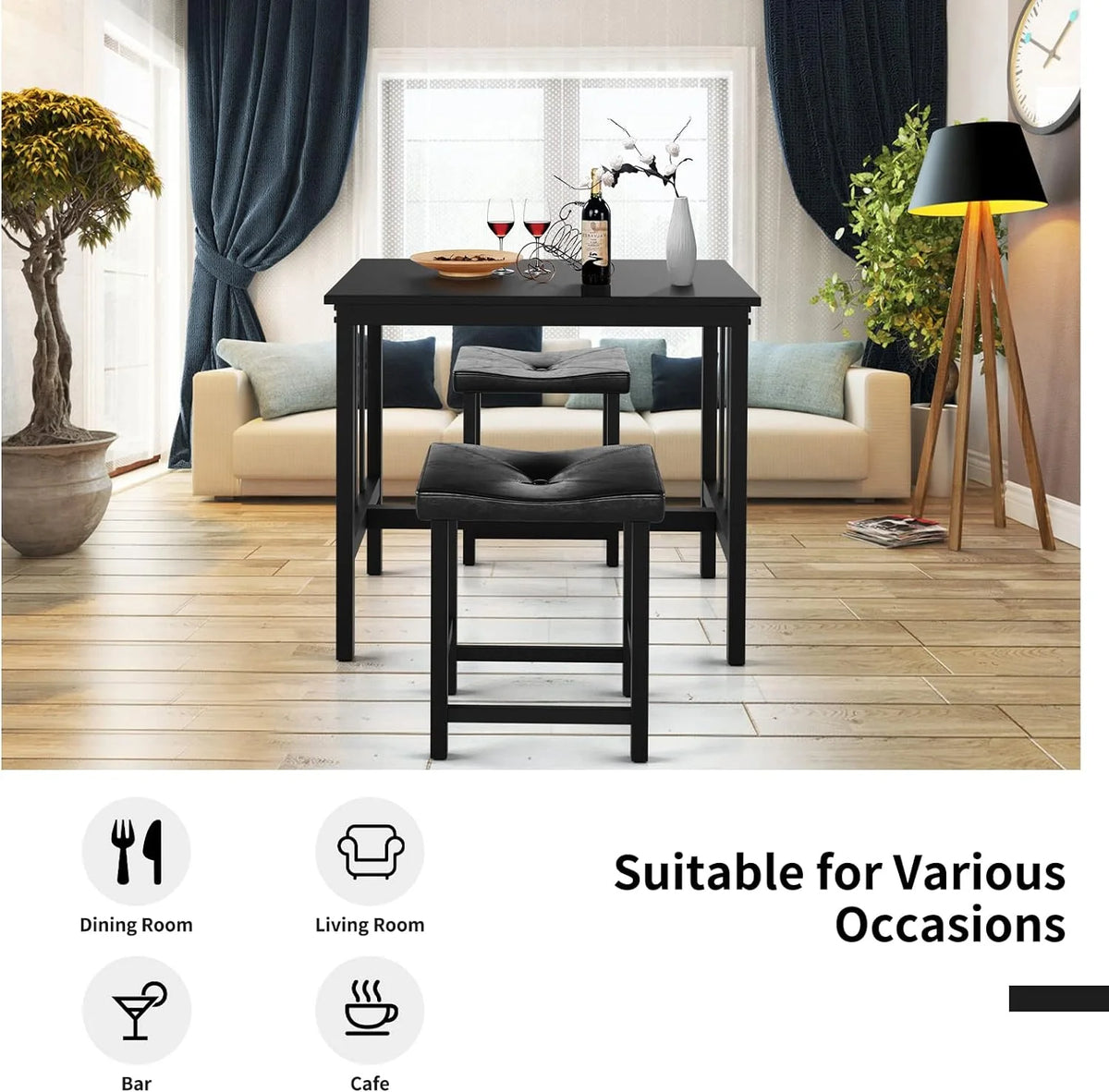 Black 3 Piece Dining Table Set with 2 Faux Leather Backless Stools A671