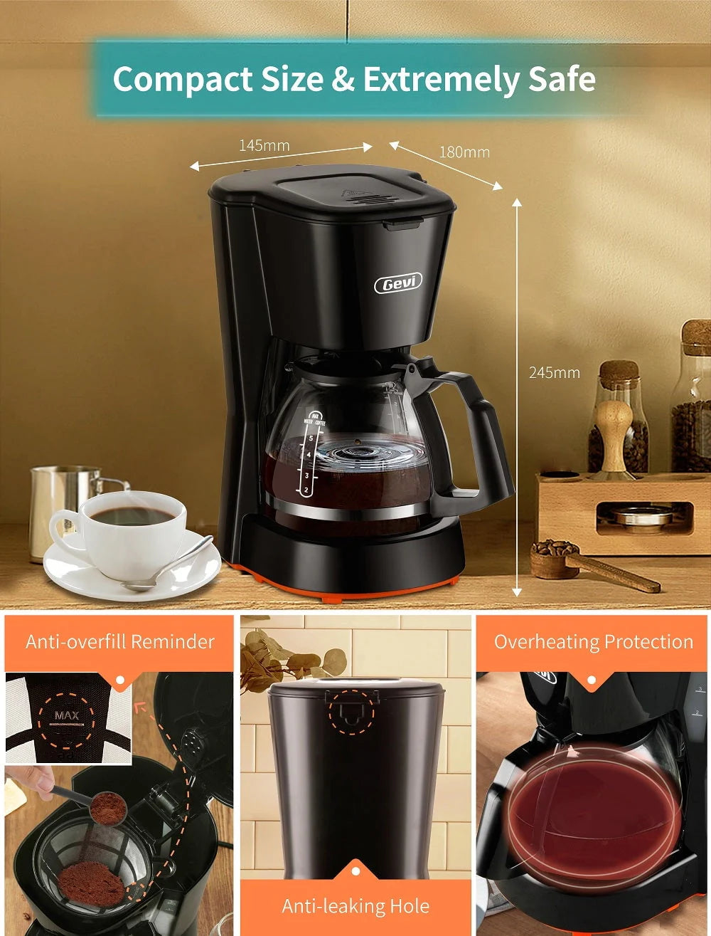 5 Cups Compact Coffee Maker with Filter and Coffee Pot D533