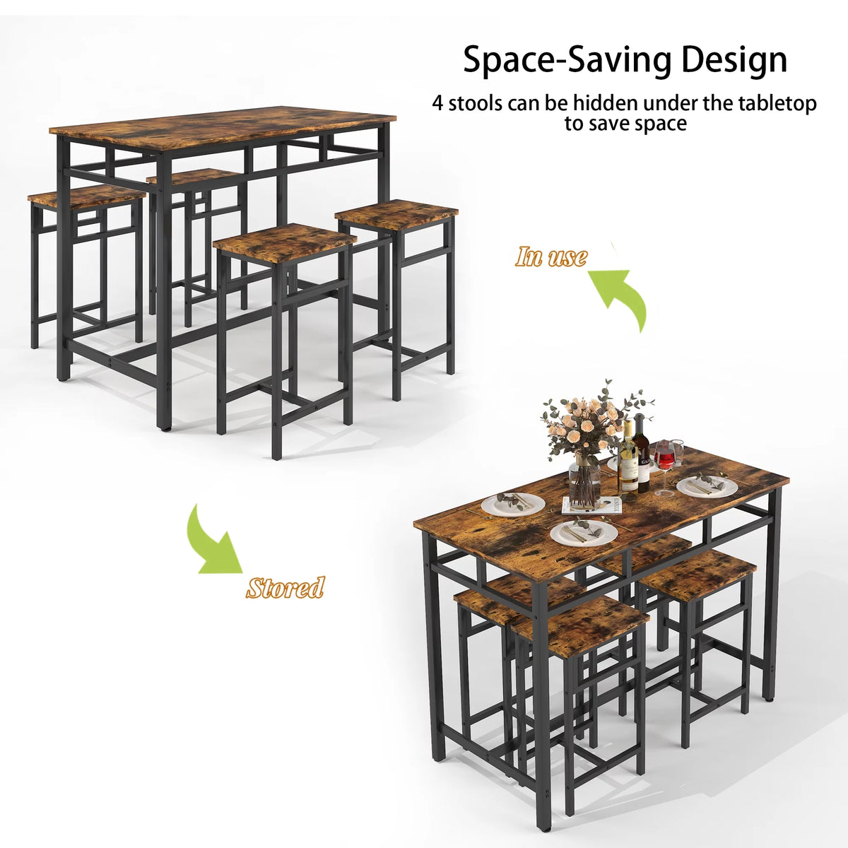 5 Piece Wooden Metal Dining Table and Stools Set J994