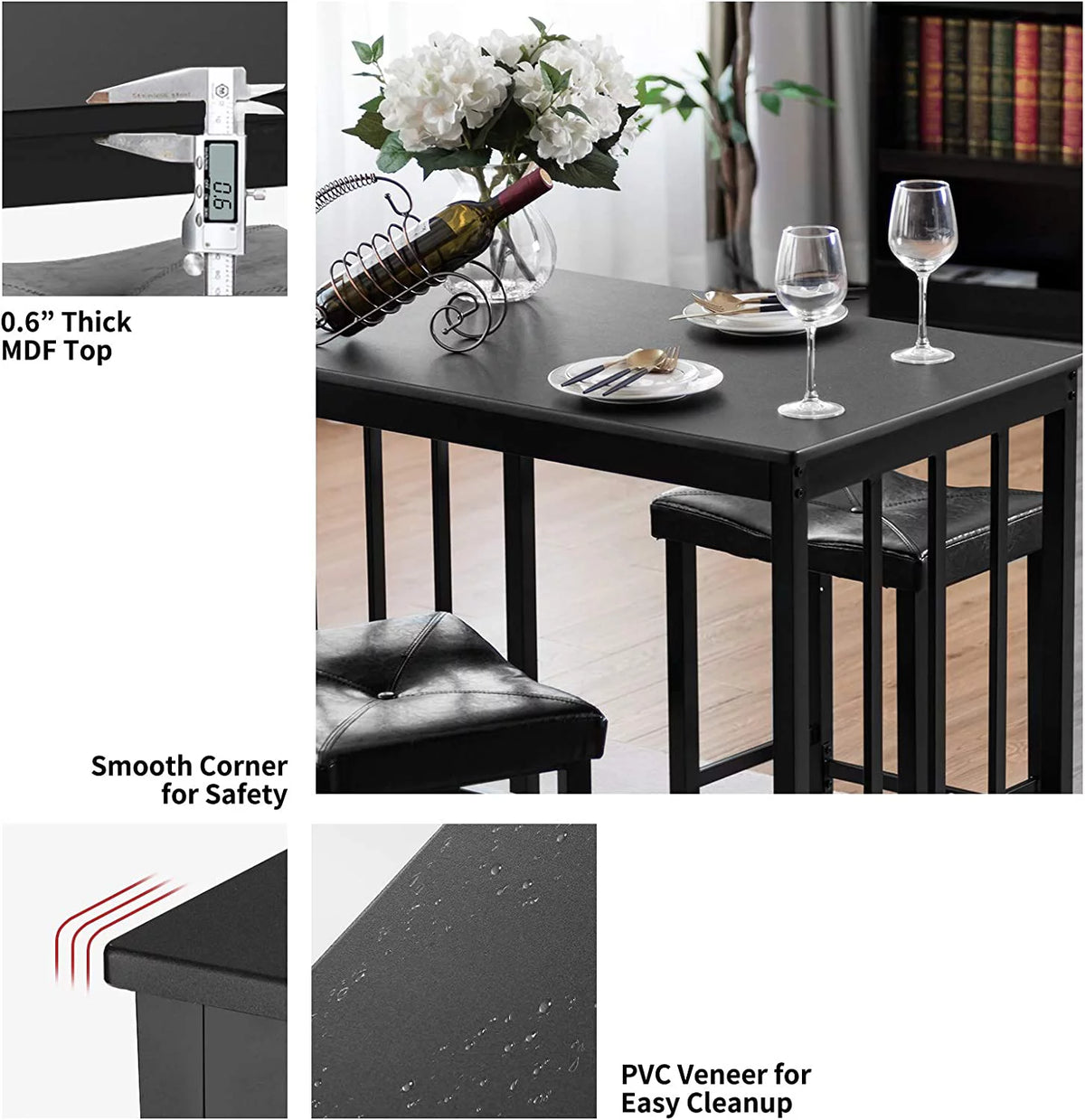 Black 3 Piece Dining Table Set with 2 Faux Leather Backless Stools A671