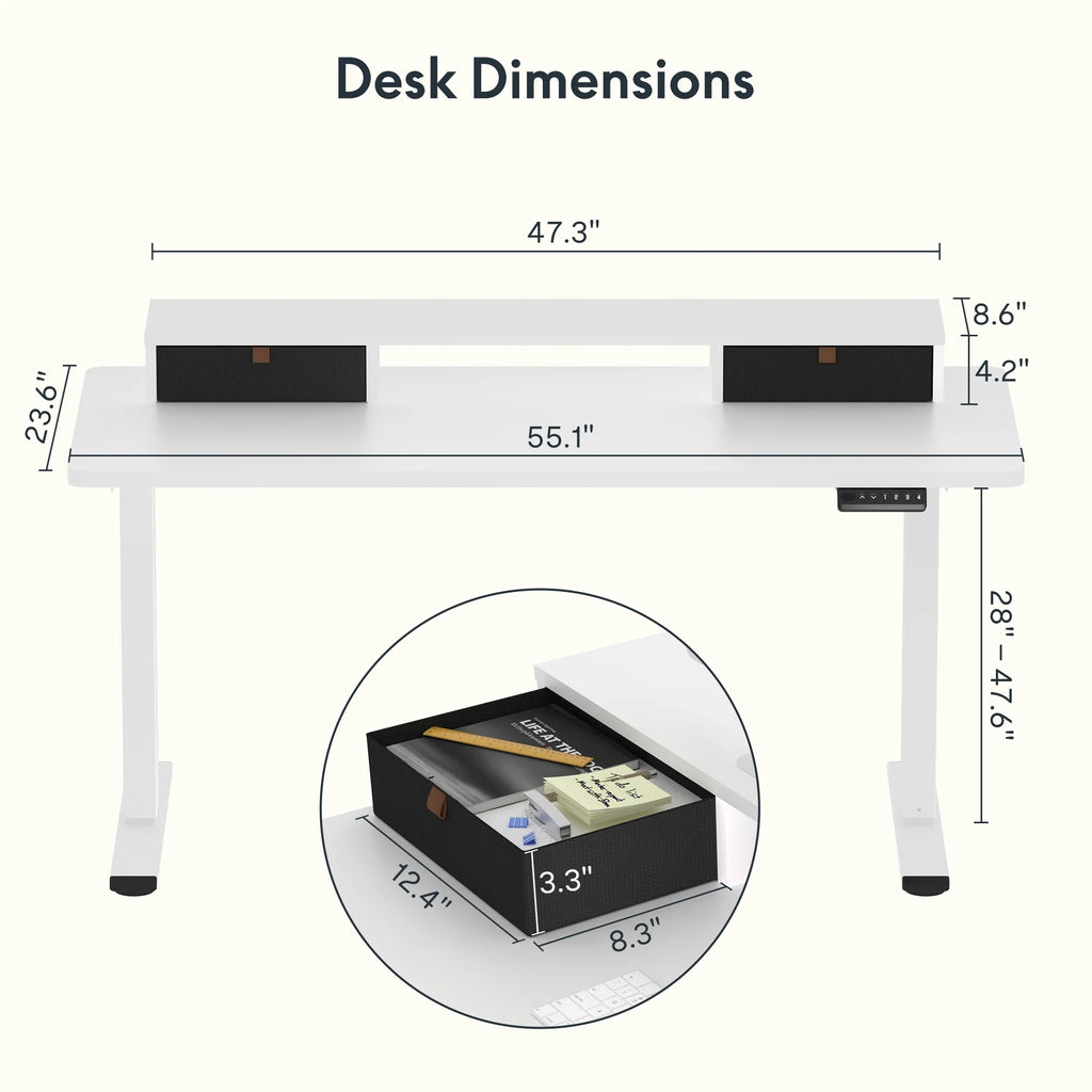 55"x24" Height Adjustable Standing Desk with 2 Drawers White Frame and White Top A9398