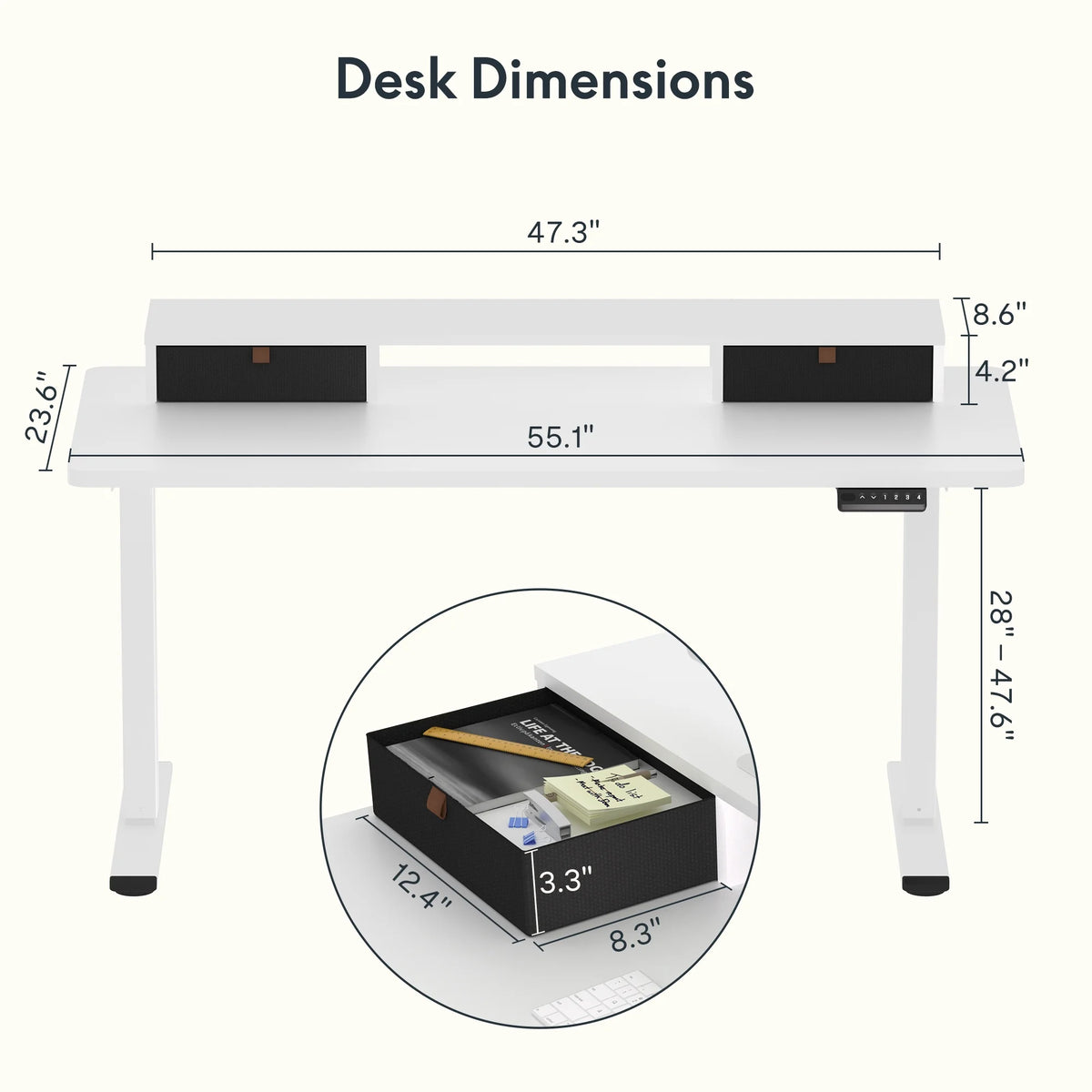 55"x24" Height Adjustable Standing Desk with 2 Drawers White Frame and White Top A9398
