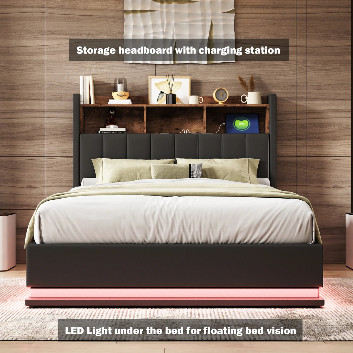 Black Full Size PU Upholstered Platform Bed with Storage Headboard V184174