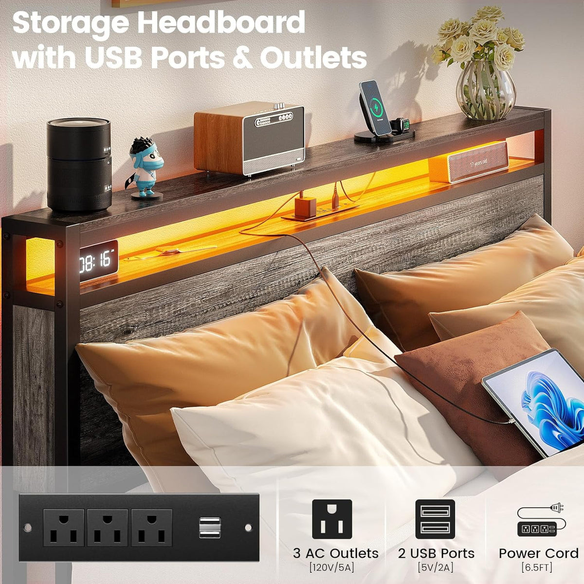 Black Oak Queen Size Bed Frame with 4 Storage Drawers Y82499