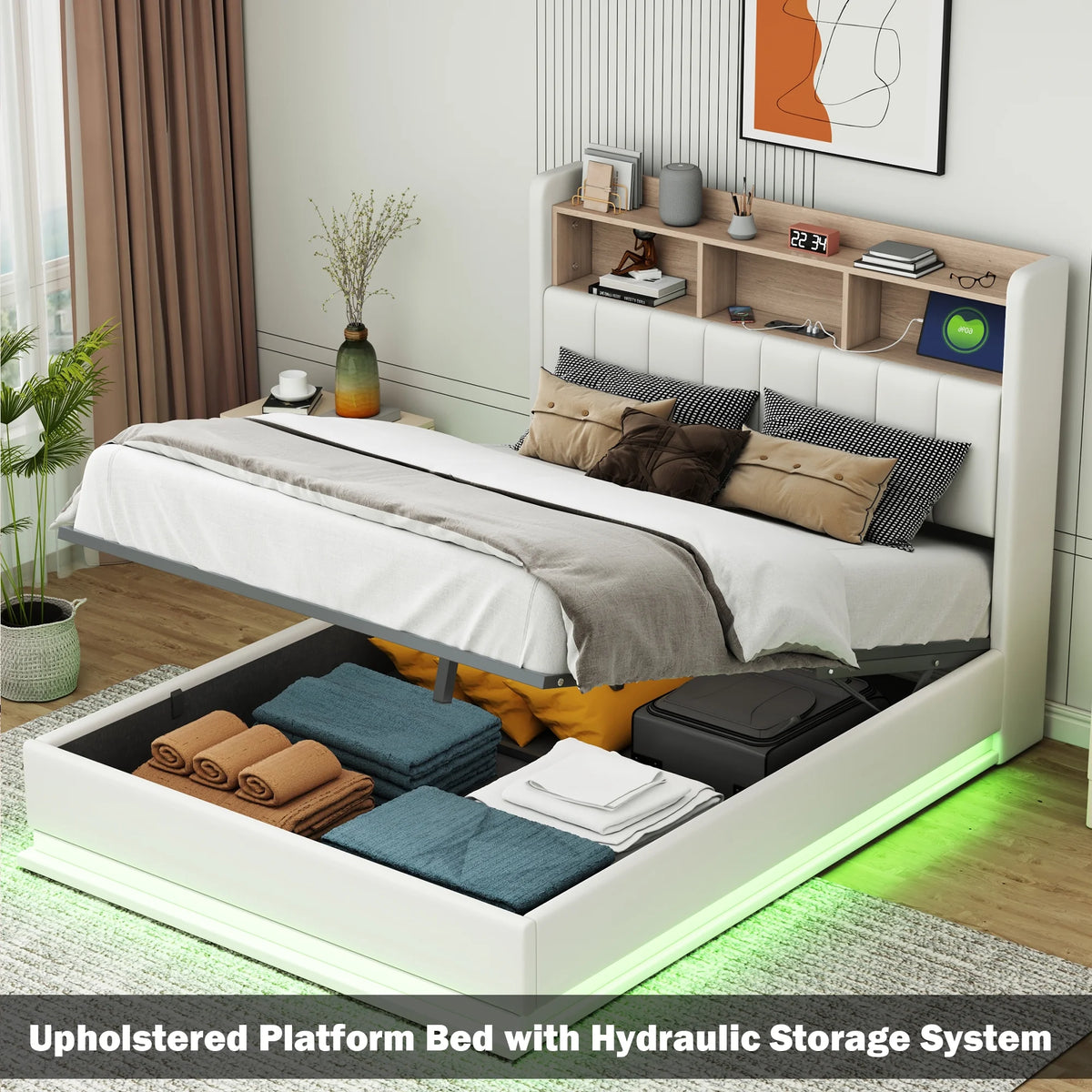 Black Full Size PU Upholstered Platform Bed with Storage Headboard V184174