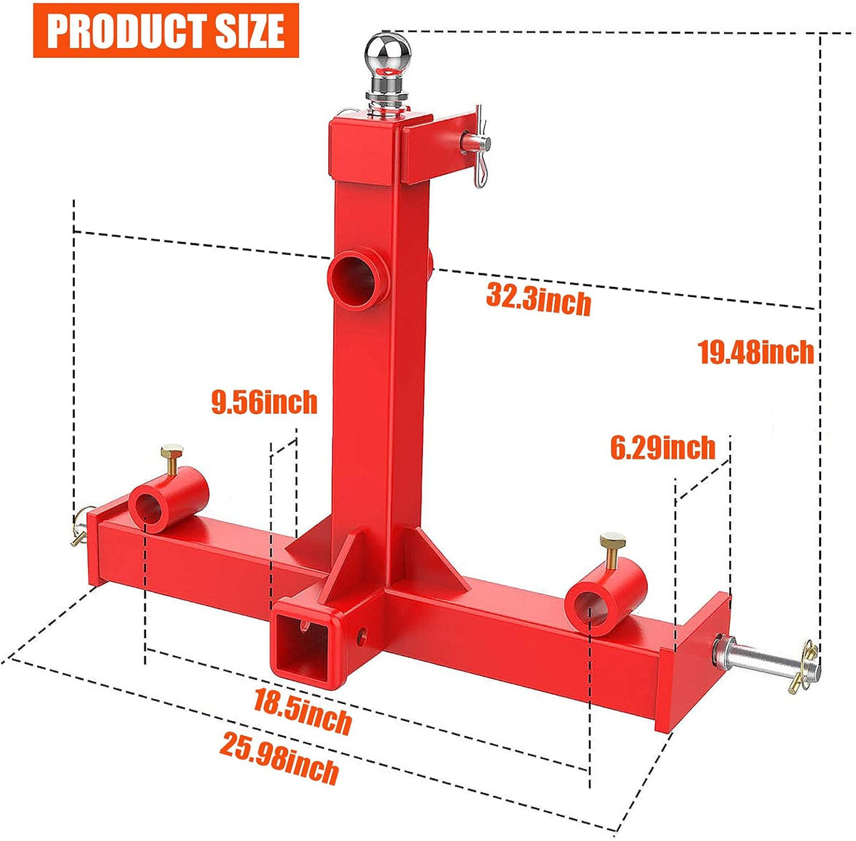 49” Hay Bale Spear 3 Point Trailer Hitch with 2" Receivers for Category 1 Tractors with 2 x 17” Stabilizer Spears 3000lbs Capacity & 1-7/8'' Trailer Ball Gooseneck Drawbar E3905