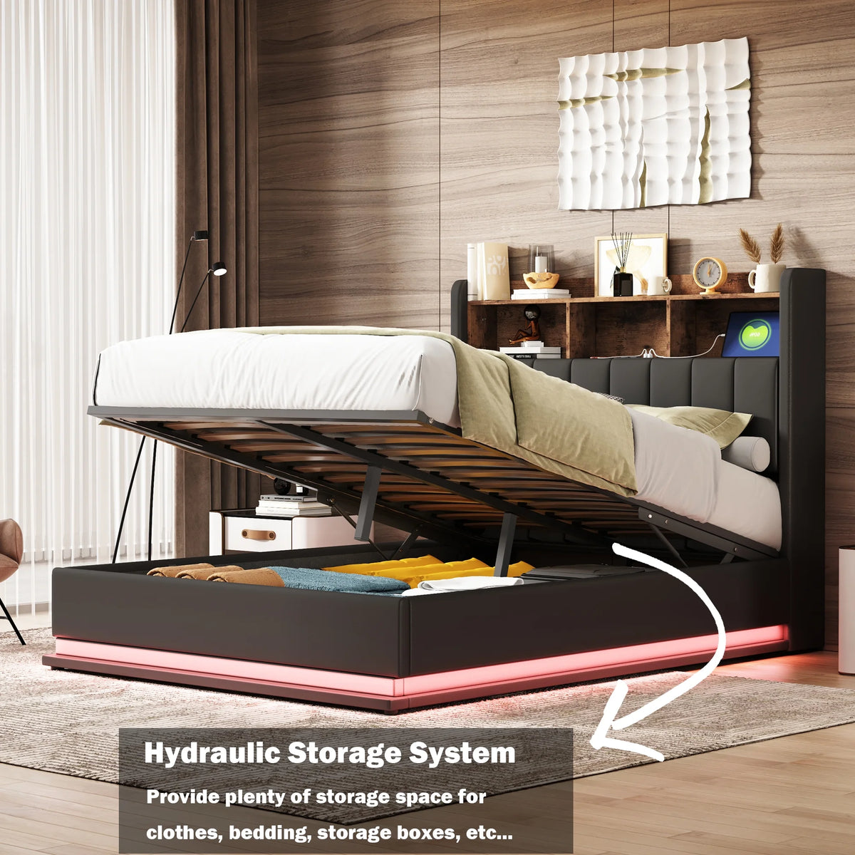 Black Full Size PU Upholstered Platform Bed with Storage Headboard V184174