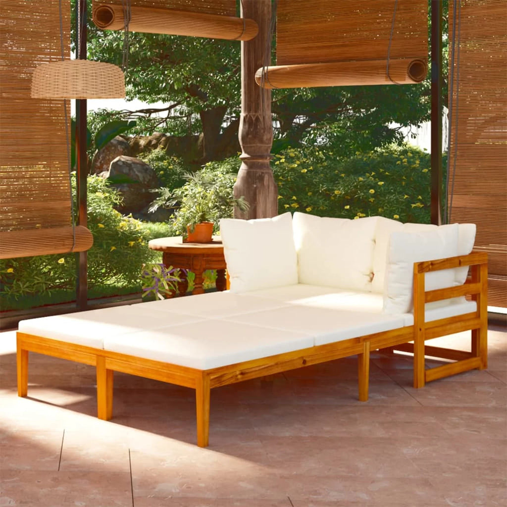 2 Piece Acacia Wood Sun Lounger with Cream White Cushion K20817