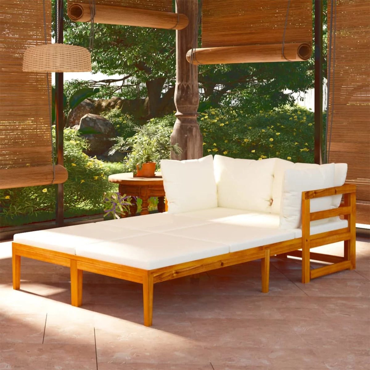 2 Piece Acacia Wood Sun Lounger with Cream White Cushion K20817