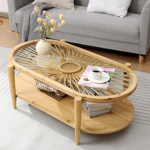 2-Tier Round Rattan Coffee Table with Tempered Glass Top and Wood Legs B3118