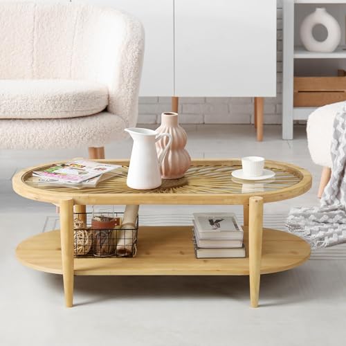 2-Tier Round Rattan Coffee Table with Tempered Glass Top and Wood Legs B3118