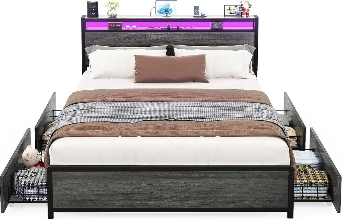 Black Oak Queen Size Bed Frame with 4 Storage Drawers Y82499